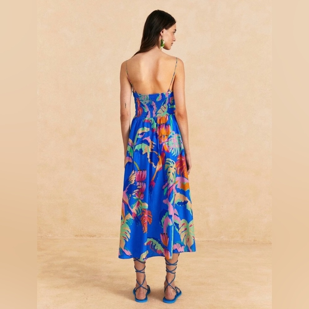 NWOT Farm Rio | Painted Jungle Midi Sun Dress | Blue - Picture 4 of 7